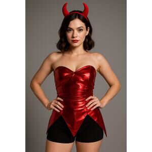 New Vegan Medium Red Devil‎ Patent Leather Metallic Shorts Halloween Costume Set
